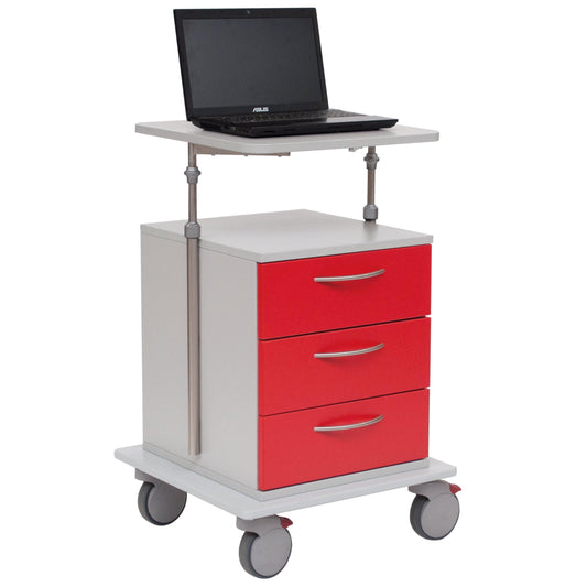 Der Novocal Laptopwagen mit höhenverstellbarer Ablageplatte verfügt über drei rote Schubladen, eine weiße verstellbare Ablage mit einem schwarzen ASUS-Laptop und vier graue Rollen für mobiles, ergonomisches Arbeiten.
