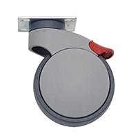La roulette pivotante Novocal en plastique à roulement souple avec double frein, Ø 125 mm, idéale pour les chariots de soins, est équipée d'une roulette pivotante grise dotée d'une plaque supérieure plate et d'un levier de frein rouge. Marque : Novocal. Photographiée sur fond blanc. Conditionnement : 1 pièce.