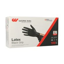 Eine Schachtel mit WORK-INN/PS Papstar Latex-Handschuhe puderfrei "Black Grip" schwarz, Größe L (100 Stück). Die Verpackung zeigt eine Hand in einem schwarzen Handschuh mit Produktangaben in schwarzer und roter Schrift auf weißem Hintergrund.