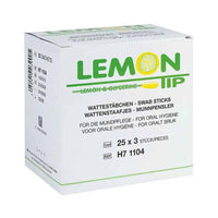 On display is a package of Lemon Tip oral care swabs from Servoprax GmbH. The label reads “For oral hygiene” and “Oral care” in various languages. This oral care product consists of 25 packs, each containing 3 swabs, for a total of 75 swabs per package. The product reference number is H7 1104.