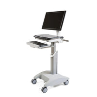 The Novocal Mobile Workstation for Laptop or Panel PC, including a height-adjustable monitor arm and VESA mount (1 unit), is a mobile workstation on casters, pictured with a monitor and keyboard against a plain white background.