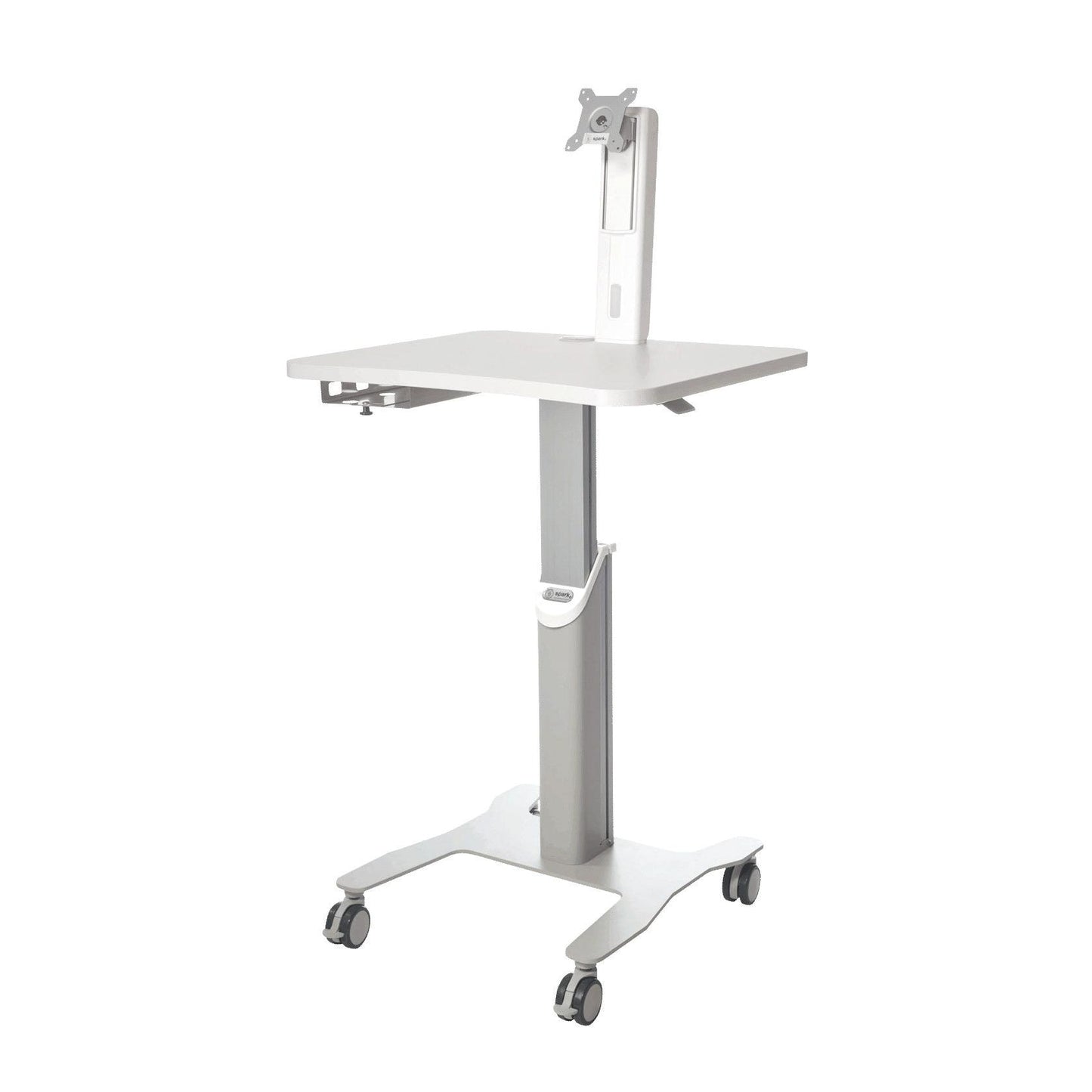 Der Novocal Mobiler Arbeitsplatz für Laptop oder Panel PC bietet mit höhenverstellbarem Monitorarm, VESA-Halterung, flacher Tischplatte, vier Rollfüßen und T-Gestell flexible Nutzung und stabilen Stand.