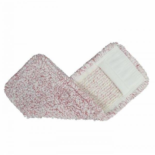 La housse en microfibre rouge Arcora Medical de Arcora International GmbH est une vadrouille rectangulaire hygiénique avec des fibres structurées rouges et blanches et une poche en tissu blanc pour une fixation facile. Elle est idéale pour un usage médical et est présentée à plat sur un fond blanc.