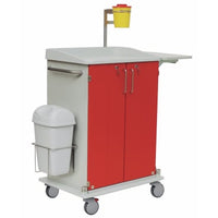 The Novocal medicine cart (pack of 1) has red doors, a white canopy, a frame made of solid plastic sheet, a white trash can on the side, a yellow container on top, and four wheels for easy mobility.