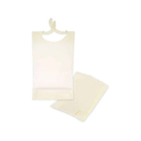 Die Meditrade Schutzserviette von Meditrade GmbH ist ein Set cremefarbener Einweglätzchen, die sich ideal zum Schutz der Kleidung eignen. Ein Lätzchen mit einer Halsschlaufe ist offen abgebildet, neben einem Stapel gefalteter Lätzchen. Das rechteckige Design verfügt über einen Halsausschnitt für den praktischen Einmalgebrauch. Wird in einer Packung mit 100 Stück geliefert.