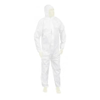 A person is wearing a white Meditrade Suavel® Yeti protective suit with a hood that completely covers the body and is standing in front of a white background. The suit looks lightweight and designed with safety in mind.