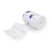 A roll of white medical adhesive tape labeled “Meditrade ABE® Fixation Nonwoven, Self-Adhesive,” partially unrolled. Designed for sensitive skin, the tape features a grid pattern and blue logos and is perfect for securing dressings.