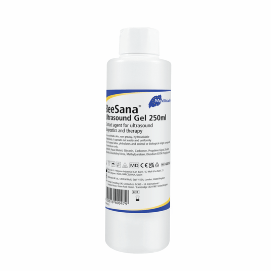 Un flacone di gel per ecografia Meditrade BeeSana®, da 250 ml, indicato come lubrificante per procedure ecografiche. L'etichetta riporta i dettagli del prodotto e i simboli relativi alla conformità alle disposizioni di legge.