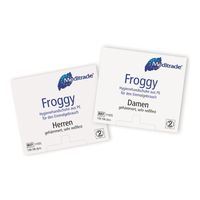 Due confezioni di guanti monouso Meditrade Froggy (guanti igienici), una con etichetta per uomini e una per donne, con il logo di una rana e un testo in tedesco relativo all’igiene dei guanti.