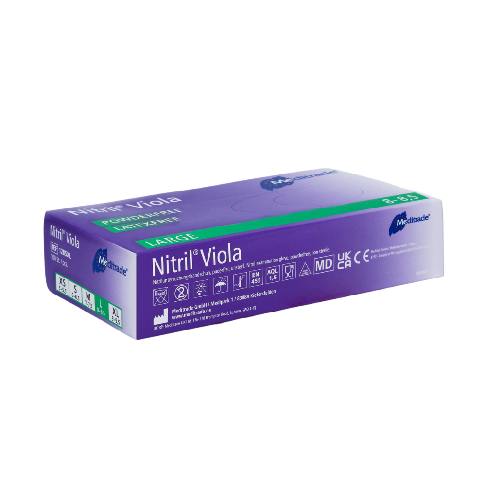 Une boîte de Meditrade Nitril® Viola Gants en nitrile couleur violet, taille L, dans un emballage violet et blanc. Les marquages comprennent le symbole CE et d'autres certifications médicales de Meditrade GmbH.