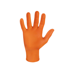 Un gant jetable Meditrade StellarGrip de couleur orange, en nitrile, représenté isolé sur un fond blanc, les doigts écartés.