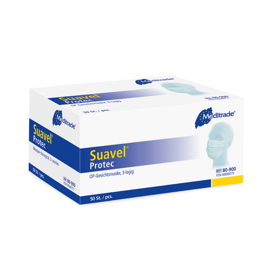Une boîte rectangulaire de masques Meditrade Suavel® Protec OP 50 pièces. La boîte est principalement blanche avec des détails bleus et montre une image d'une personne portant un masque. Elle contient 50 masques chirurgicaux (3 couches) avec une haute efficacité de filtration bactérienne et est ornée de divers textes et logos de Meditrade GmbH.