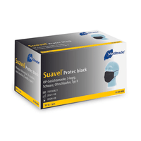 A box of black Meditrade Suavel® Protec surgical face masks, containing 50 pieces. These disposable face masks are three-ply, designed to be worn with ear loops, and have a Type II bacterial filtration efficiency rating. The box indicates that it contains 50 masks and includes product reference numbers and manufacturing information from Meditrade GmbH.