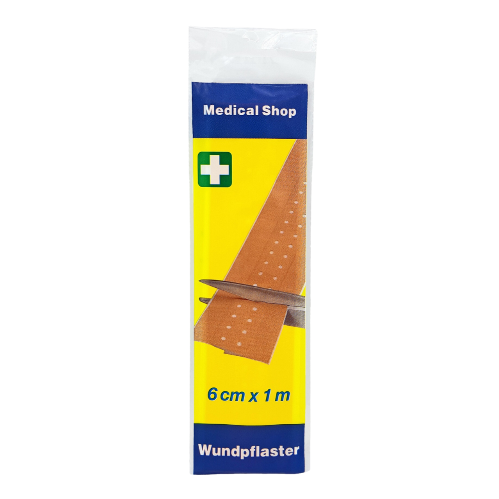 L'image montre un paquet de pansements "Medical Shop" de Holthaus Medical GmbH & Co. KG, 6 cm x 1 m, sachet rigide. Sur l'emballage, une paire de ciseaux est illustrée, coupant une bande du pansement "rigide". Le design est bleu et jaune, avec un symbole de croix verte et l'inscription "6 cm x 1 m". Parfait pour un soin des plaies efficace.