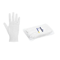 A pair of white, pure-cotton Meditrade twisted-yarn undergloves is displayed alongside a plastic package containing several gloves. The package features a label with text and a barcode, all set against a clean white background.