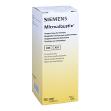 Die weiß-gelbe Servoprax Microalbustix Harnteststreifen-Box (25 Stück) ist mit mehrsprachigem Text versehen, hebt CRE- und ALB-Tests für das Mikroalbuminurie-Screening hervor und wird für die Urinanalyse visuell ausgewertet.