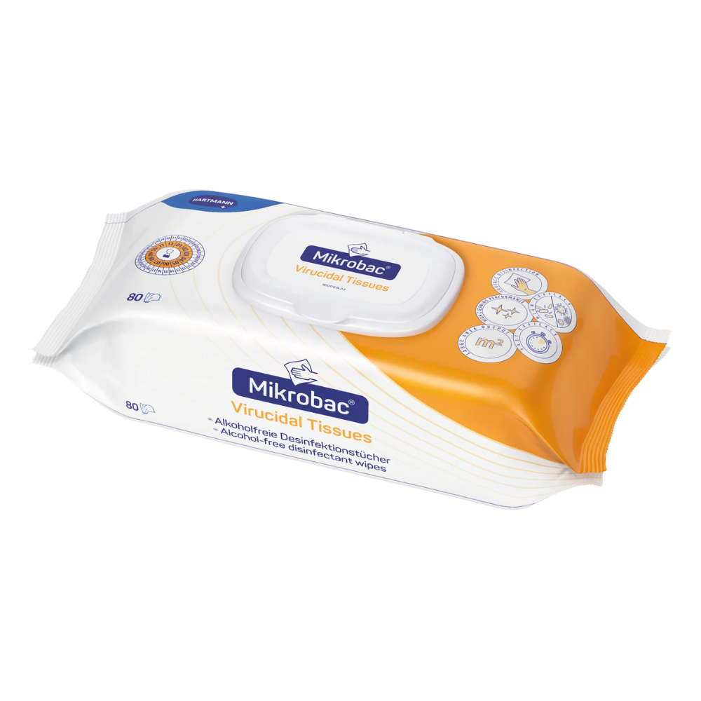 A pack of Mikrobac® Virucidal Tissues from Paul Hartmann AG in an orange-white package with a transparent opening through which 80 antibacterial wipes are visible, labeled as alcohol-free disinfectant wipes for alcohol-sensitive.