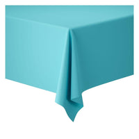 A rectangular table is covered with a light turquoise tablecloth from Duni GmbH (Dunicel tablecloth rolls, 1.18 m x 25 m), which is neatly draped to allow for flexible table decoration—perfect for large events and presented against a simple white background.