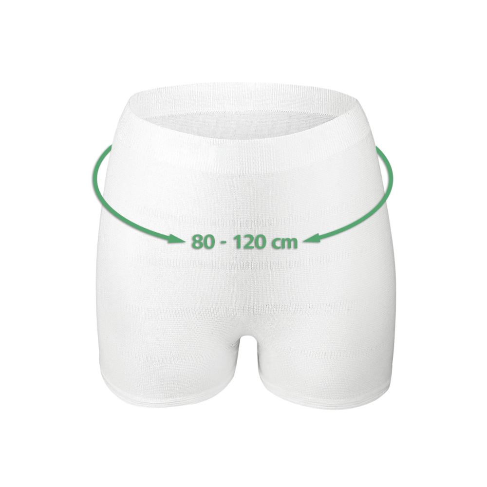 Die Paul Hartmann AG Hartmann MoliCare® Premium Fixpants, Netzhose (25 Stück), sind als weiße elastische Shorts mit einem grünen Pfeil abgebildet, der ihren verstellbaren Taillenumfang von 80 bis 120 cm anzeigt, perfekt für den sicheren Halt von Inkontinenzeinlagen.