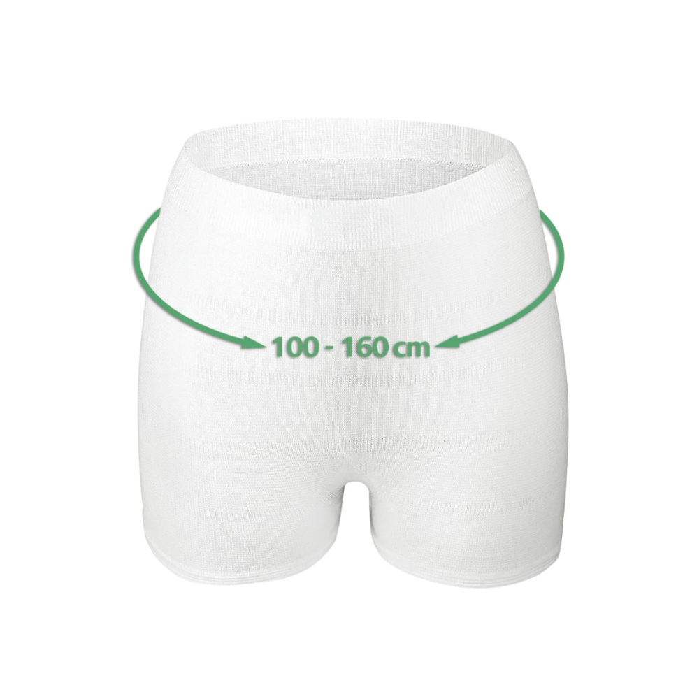 Hartmann MoliCare® Premium Fixpants der Paul Hartmann AG sind weiße Stützshorts mit grünem Pfeil für den Taillenumfang 100–160 cm. Mit ihrer gerippten Struktur eignen sich diese Netzhosen (25 Stück) ideal zur Fixierung von Inkontinenzeinlagen und für medizinische oder unterstützende Zwecke.