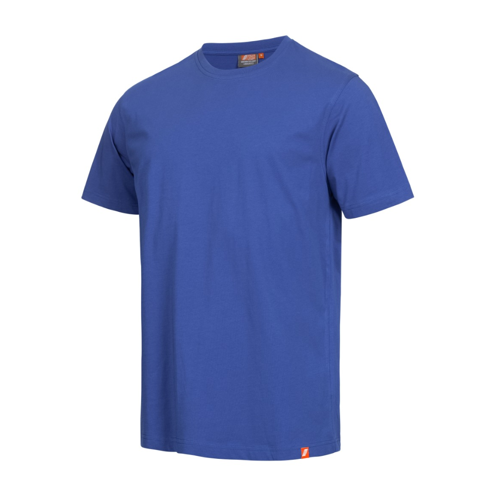 On a white background, the NITRAS MOTION TEX LIGHT T-shirt by AS Arbeitsschutz GmbH is depicted. It is a simple blue short-sleeved T-shirt made of soft OEKO-TEX certified cotton with a round neckline and a small orange label at the lower left hem.