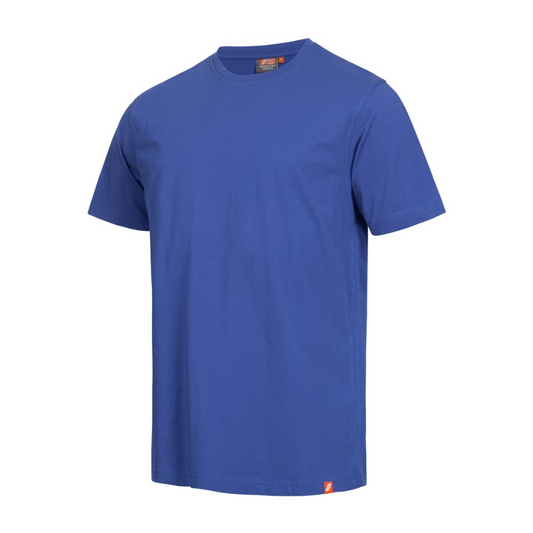 Auf weißem Hintergrund ist das NITRAS MOTION TEX LIGHT T-Shirt der AS Arbeitsschutz GmbH abgebildet. Es ist ein schlichtes blaues Kurzarm-T-Shirt aus weicher OEKO-TEX zertifizierter Baumwolle mit Rundhalsausschnitt und einem kleinen orangefarbenen Etikett am unteren linken Saum.