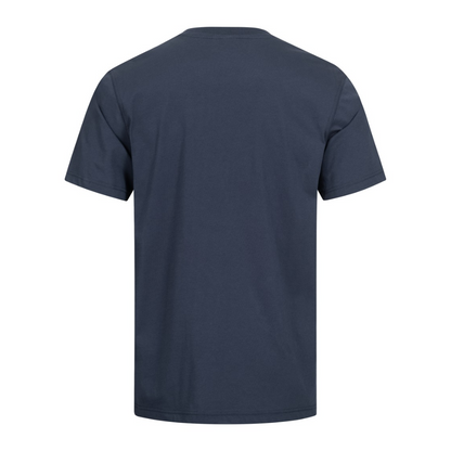 The AS Arbeitsschutz GmbH NITRAS MOTION TEX LIGHT T-shirt in dark blue made of OEKO-TEX certified cotton is depicted on a white background. The back view emphasizes its minimalist design with short sleeves and a round neckline.