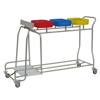 The Novocal "Kompakt plus" stainless steel laundry bin is a mobile 3-compartment combination bin with colored bins (red, blue, yellow) for hygienic laundry storage or waste separation—perfectly organized and space-saving, on casters.