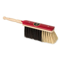 We present the Nölle Profi Brush Indoor Hand Broom with Horsehair Bristles from Nölle Profi Brush Bürsten- & Pinseltechnik e.K. – a 30-cm tool designed to trap dust, featuring black and beige horsehair bristles on a red block and a light-colored wooden handle with a rounded end.
