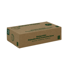 A brown rectangular box labeled “AMPri Nature Gloves Nitrile Gloves Biodegradable, Powder-Free” contains biodegradable disposable nitrile gloves. The box features green text, symbols, and a logo of AMPri Handelsgesellschaft mbH. It states that the gloves are non-sterile, ambidextrous, and powder-free, with the size indicated as “Small.”