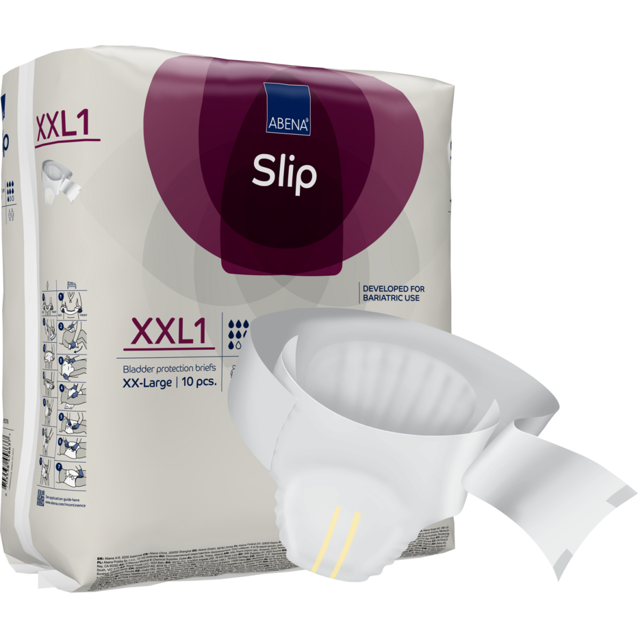 Eine Verpackung mit der Aufschrift "ABENA Slip Premium" von Abena Re-Seller GmbH zeigt einen Einweg-Inkontinenzslip für die effektive Pflege, der sich durch sein saugfähiges Zentrum, die sicheren Klebelaschen und das für den bariatrischen Gebrauch geeignete Design auszeichnet.