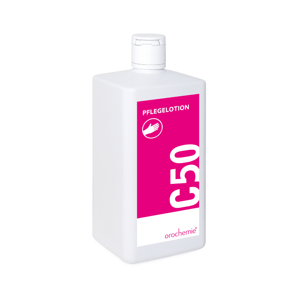 Weiße 500-ml-Rechteckflasche mit der Aufschrift "Orochemie C 50 Pflegelotion" der orochemie GmbH + Co KG, mit rosafarbenem Etikett mit Handsymbol und weißem Verschluss - ideal für empfindliche Hände.