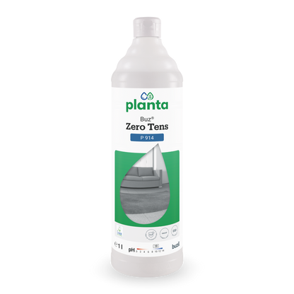 Eine weiße 1-Liter-Flasche des Buz® Zero Tens Universalreiniger farblos der BUZIL-WERK Wagner GmbH & Co. KG, mit grünem Etikett, auf dem ein graues Sofa und ein Teppich abgebildet sind, zeigt Angaben zur Marke und zum Reinigungsmittel.