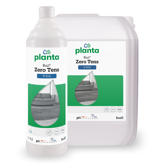 Zwei Gebinde des Buz® Zero Tens Universalreiniger farblos der BUZIL-WERK Wagner GmbH & Co. KG gezeigt - eine 1-Liter-Flasche und ein größerer Kanister, beide mit grün-weißen Etiketten, die ein sauberes Wohnzimmermotiv zeigen.