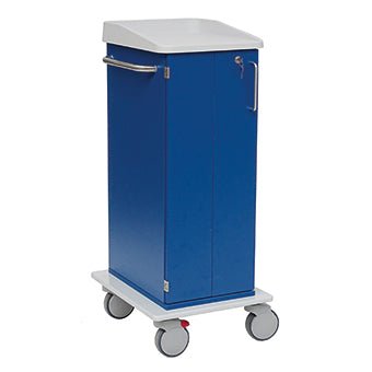 Le chariot de soins et de travail Novocal a un design bleu avec une plaque pleine en plastique blanche, une poignée latérale, une porte d'armoire verrouillable et quatre grandes roues grises pour la mobilité.