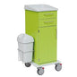 The Novocal care and work trolley has a green design, two drawers, a cabinet, a full plastic top, a white waste bin, four wheels (two with red locks), and metal handles for easy material transport.