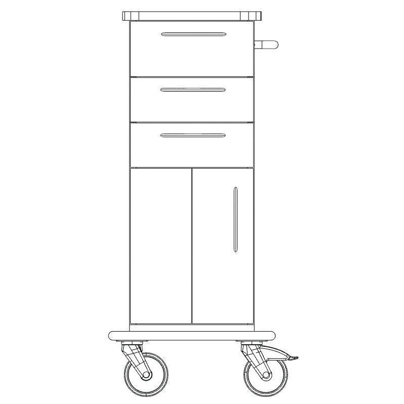 A black-and-white line drawing of the Novocal care and work cart shows a utility cart with two drawers, a double-door cabinet, a handle on the right side, two large wheels, and a full plastic top, viewed from the front.