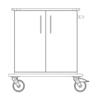 Dessin au trait du châssis du chariot de soins et de travail Novocal, doté de deux poignées verticales sur les doubles portes, d'un plateau plat, d'une poignée latérale et de quatre grandes roulettes pivotantes – idéal pour une utilisation en milieu hospitalier. Marque : Novocal. Lot (1 pièce).