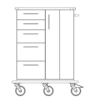 Line drawing of the Novocal nursing and utility cart with an all-plastic frame, featuring four drawers on the left, a vertical cabinet on the right with a handle, and four casters on the bottom. It has a horizontal handle on the right side. Brand: Novocal.