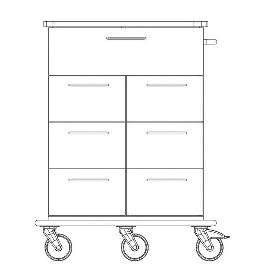 Strichzeichnung eines Novocal Pflege- und Arbeitswagen Fahrgestell aus Vollkunststoff mit großem Top-Schubfach, sechs kleineren Schubladen in zwei Reihen, rechtem Seiten-Griff und vier Lenkrollen an der Basis.