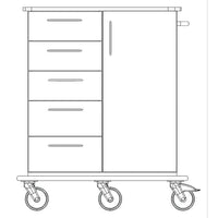 Line drawing of a Novocal nursing and utility cart: all-plastic frame with four left-side pull-out drawers and a right-side tall cabinet with a vertical handle, all mounted on four swivel casters. Brand: Novocal. Package (1 piece).