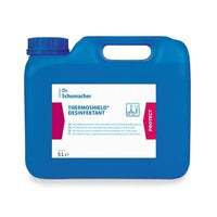 Un contenitore in plastica blu da 5 litri con la scritta "Dr. Schumacher THERMOSHIELD DESINFEKTANT" (prodotto da Dr. Schumacher GmbH), dotato di manico, tappo a vite, simboli di igiene e una striscia rossa con la scritta "PROTECT" sul lato destro a garanzia di igiene e pulizia.