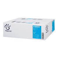 Un grand carton blanc portant le logo de Sofidel Germany GmbH et le numéro de produit 416602 sert au transport de Papernet Serviettes en papier. La boîte comporte des illustrations accompagnées d'informations détaillées sur le produit, qui soulignent son efficacité pour un séchage optimal des mains tout en tenant compte de son impact sur l'environnement.