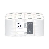 Una confezione Papernet I rotoli di carta assorbente Centrefeed di Sofidel Germany GmbH contengono 12 rotoli bianchi di forma cilindrica, avvolti in plastica trasparente. Questi rotoli sono progettati per uno srotolamento delicato dall’interno. L’etichetta riporta i dettagli del prodotto, tra cui un codice a barre e il codice articolo 401588.