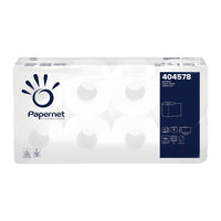 Un paquet vous sera remis Papernet Papier toilette 404578 de Sofidel Germany GmbH, qui présente ses rouleaux dans un emballage transparent. Le paquet contient huit rouleaux à 4 couches, sur lesquels sont respectivement mentionnés les critères d'hygiène et de durabilité. Des informations détaillées sur le produit sont imprimées bien en évidence sur la face avant.