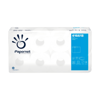 One package is on display Papernet Toilet paper from Sofidel Germany GmbH, containing eight 2-ply rolls. The predominantly white packaging features a blue accent, as well as the Papernet-Logo and product number 416618.