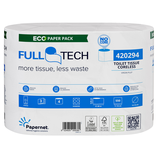 Eine große Packung weißes Papernet Toilettenpapier 420294 mit Full Tech Technologie, gekennzeichnet als 3-lagig und kernlos für weniger Abfall. Symbole weisen auf verschiedene Produktzertifizierungen hin und ein QR-Code ist für weitere Informationen vorhanden.