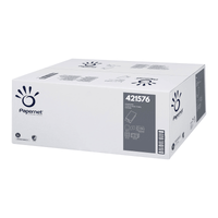 A white rectangular box containing single-ply Papernet Sofidel Germany GmbH's V-fold paper towels (421576) are shipped in a carton featuring logos and descriptions that highlight the company's commitment to recycled paper.