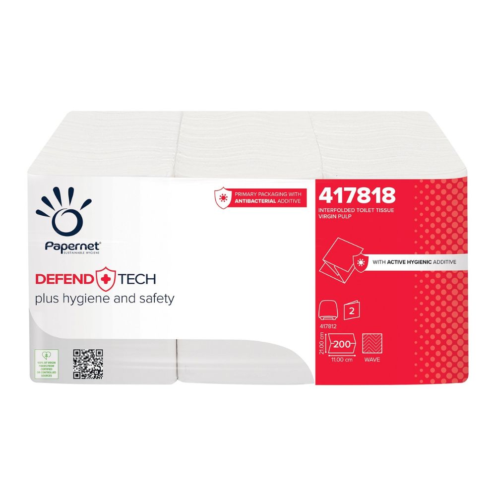 The Papernet 417818 single sheet toilet paper from Sofidel Germany GmbH features 200 sheets per pack and Defend Tech technology with antibacterial additive for hygiene and safety. The packaging is predominantly white and red.