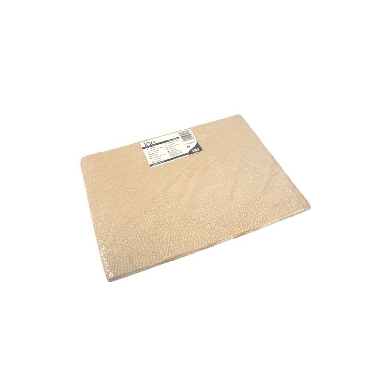 Ein rechteckiger Stapel PAPSTAR 100 Tischsets, Papier 30 x 40 cm von PAPSTAR GmbH, ist in durchsichtiges Plastik eingewickelt und mit einem weißen und schwarzen Etikett versehen. Der Hintergrund ist einfarbig weiß.